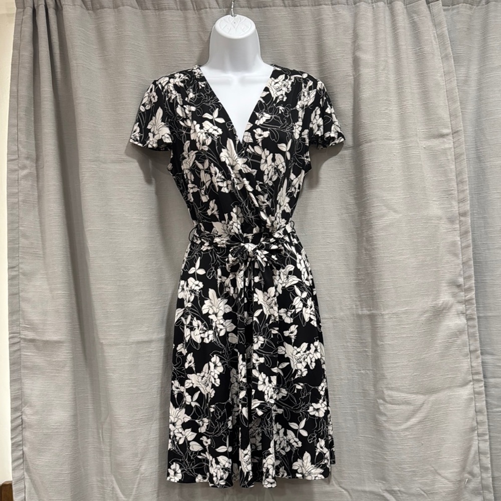 INC International Concepts Black and White Flutter Sleeve Wrap Maxi Dress